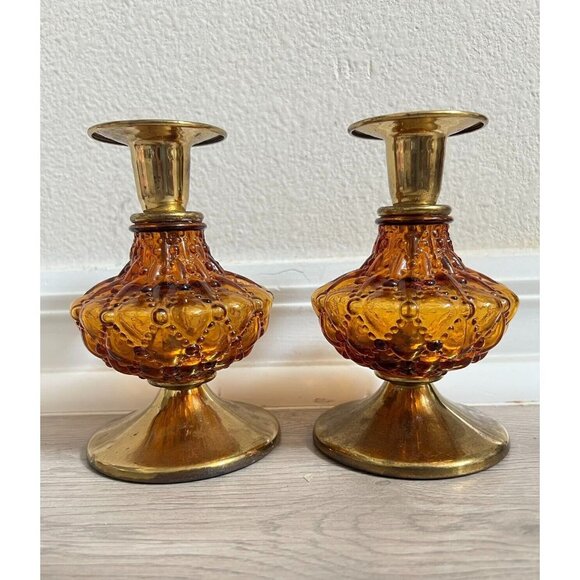 Unbranded Other - Set Of 2 Vintage Glass Brass Candlestick Holder 5.5"